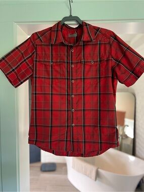 Novara Red Plaid Short-Sleeve Button-Down Reflective Cycling MTB Shirt